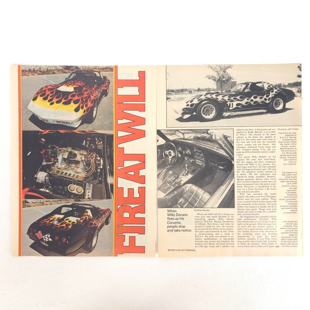 1977 Corvette Print Ad Flame Paint Willy Donato Fire At Will Garage Wall Promo